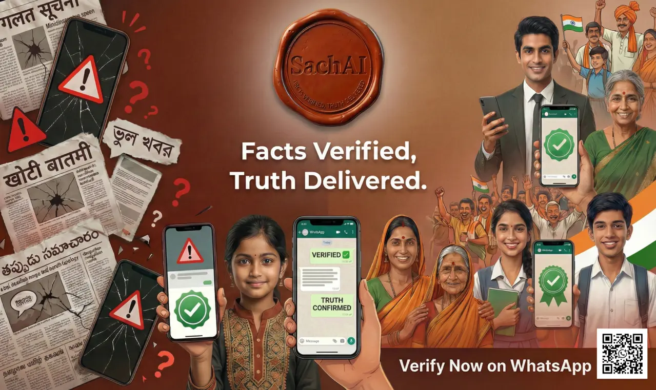 SachAI verifying fake news and deepfakes directly inside a WhatsApp chat interface in Hindi and English